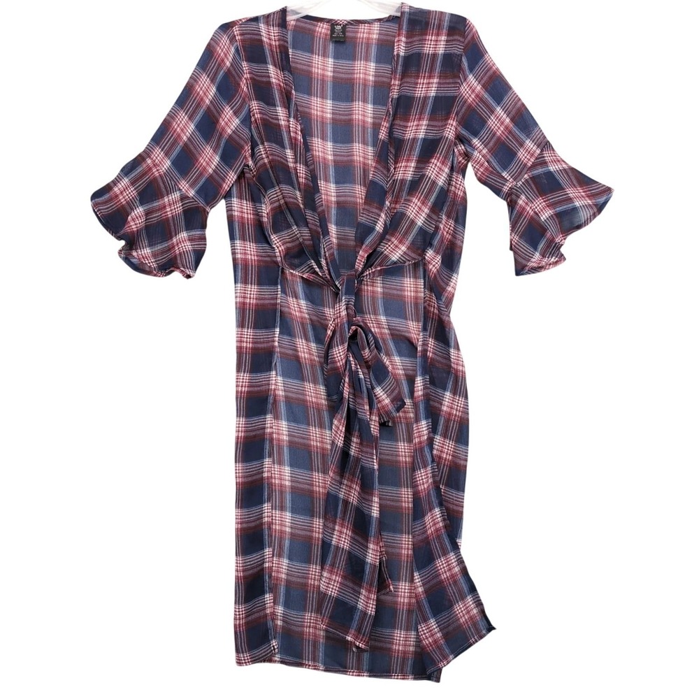Lildy‎ Sheer Plaid Tie Front Kimono Womens S/M Duster Red Navy Festival Western